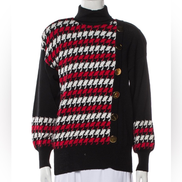 Vintage 80s Lillie Rubin Turtleneck Sweater Houndstooth Black Red Gold Buttons S - Picture 1 of 12